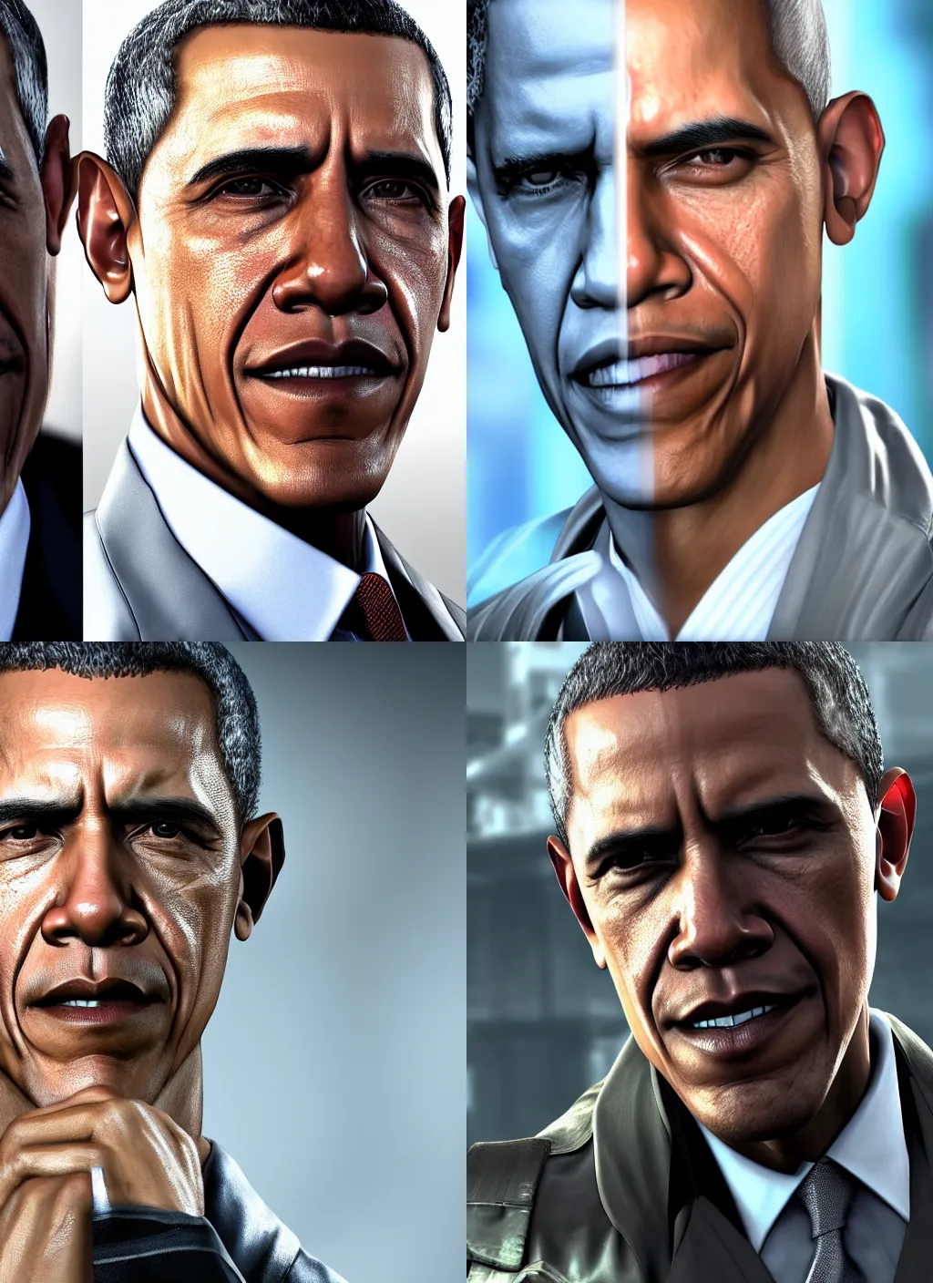 Prompt: barack obama with stubble in metal gear rising revengeance, metal gear rising, metal gear, barack obama, octane render, 8 k, realistic face, realistically proportioned head, realistically proportioned face