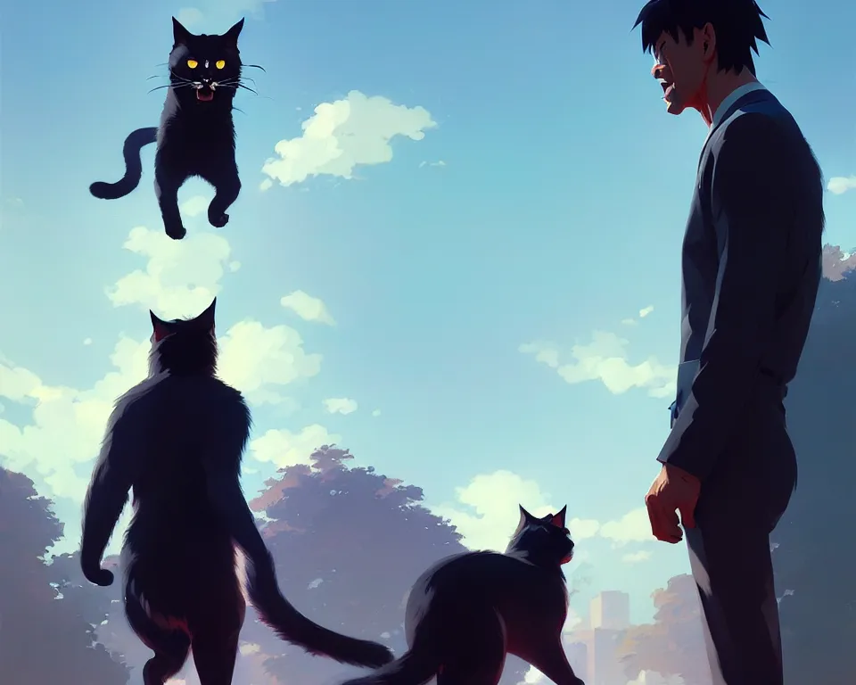 Image similar to a ultradetailed beautiful panting of a man chased by a giant cat, a very scary photo, by ilya kuvshinov, greg rutkowski and makoto shinkai, trending on artstation