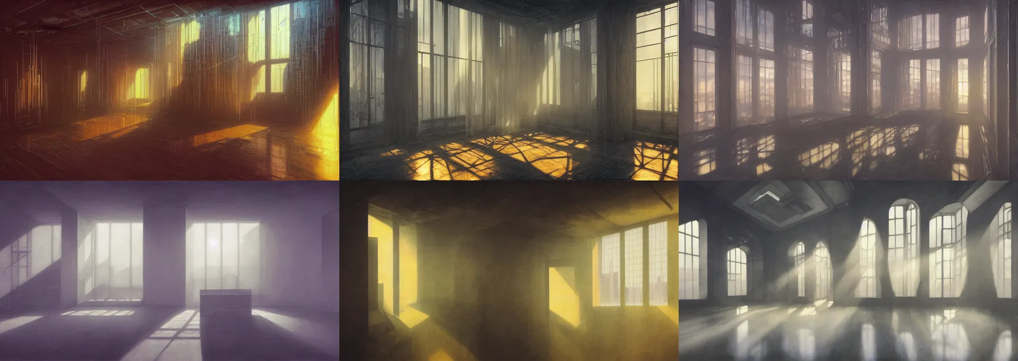 Prompt: picture of an interior loft by zdzisław beksinski, luxury, interior design, tall windows, reflections, cyberpunk city, first light, sunshafts, volumetric lights, colorful, concept art, art station