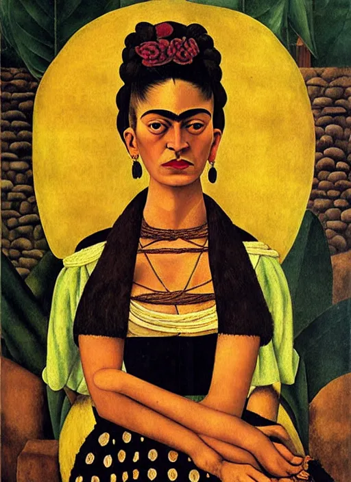 Prompt: portrait of young woman in renaissance dress and renaissance headdress, art by frida kahlo