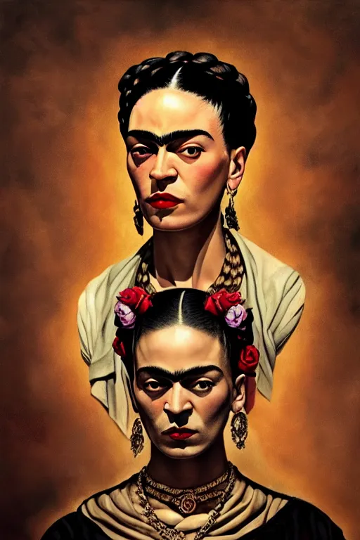 Image similar to rap album cover featuring frida kahlo wearing gangster thug outfit, staring directly into camera, intricate, elegant, dramatic lighting, highly detailed, digital painting, artstation, sharp focus, illustration, art by wlop, mars ravelo and greg rutkowski, album cover, parental advisory