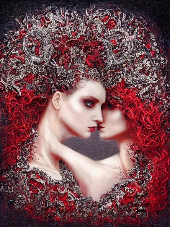 Prompt: a beautiful portrait render of two red veiled queen with symmetry intricate detailed ,heart,love,crystal-embellished,by Daveed Benito,LEdmund Leighton,peter gric,aaron horkey,Billelis,trending on pinterest,rococo,hyperreal,gold,silver,ivory,maximalist,glittering,golden ratio,cinematic lighting