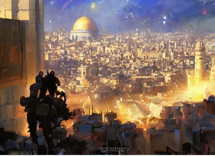 Image similar to a highly detailed beautiful portrait of jerusalem under attack by aliens, by gregory manchess, james gurney, james jean