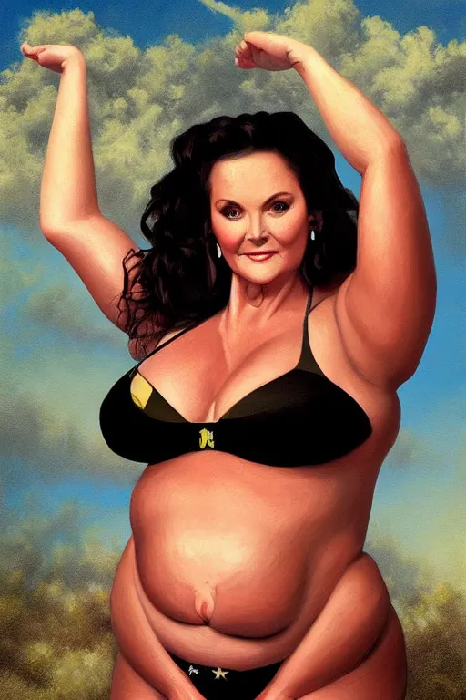 Prompt: a detailed upper body portrait of lynda carter as a fat obese bikini model. vintage polaroid filter. oil on canvas, black oil bath. in the style of thomas kincade, ross tran, and dan mumford.