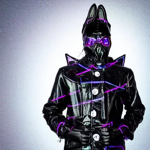 Prompt: mysterious figure wearing a synthwave punk cyber cybernetic trenchcoat. photograph, postapocalyptic, over the shoulder, fashion, vimeo netflix, decorated punk trenchcoat. motocross helmet with cybernetic bunny ears. gentleman elegant