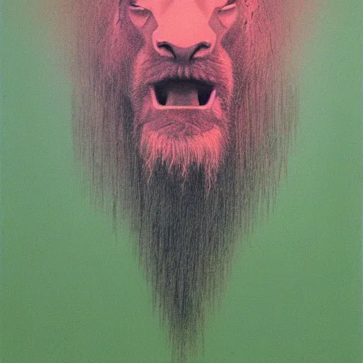 Image similar to a creature with the body and eyes of a man, with the beak of an eagle, the mane of a lion, and the horns of an ox. drawn by zdzislaw beksinski, green, pink, blue