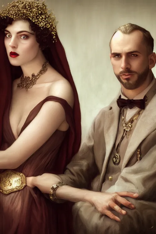 Image similar to a portrait of handsome young evil male Satan and his elegant beautiful wife, bored, illustration, dramatic lighting, soft details, painting oil on canvas, art deco, octane render, HDR, 4k, 8k, HD, by Edmund Blair Leighton, Brom, Charlie Bowater, trending on artstation, faces by Tom Bagshaw, Sargent