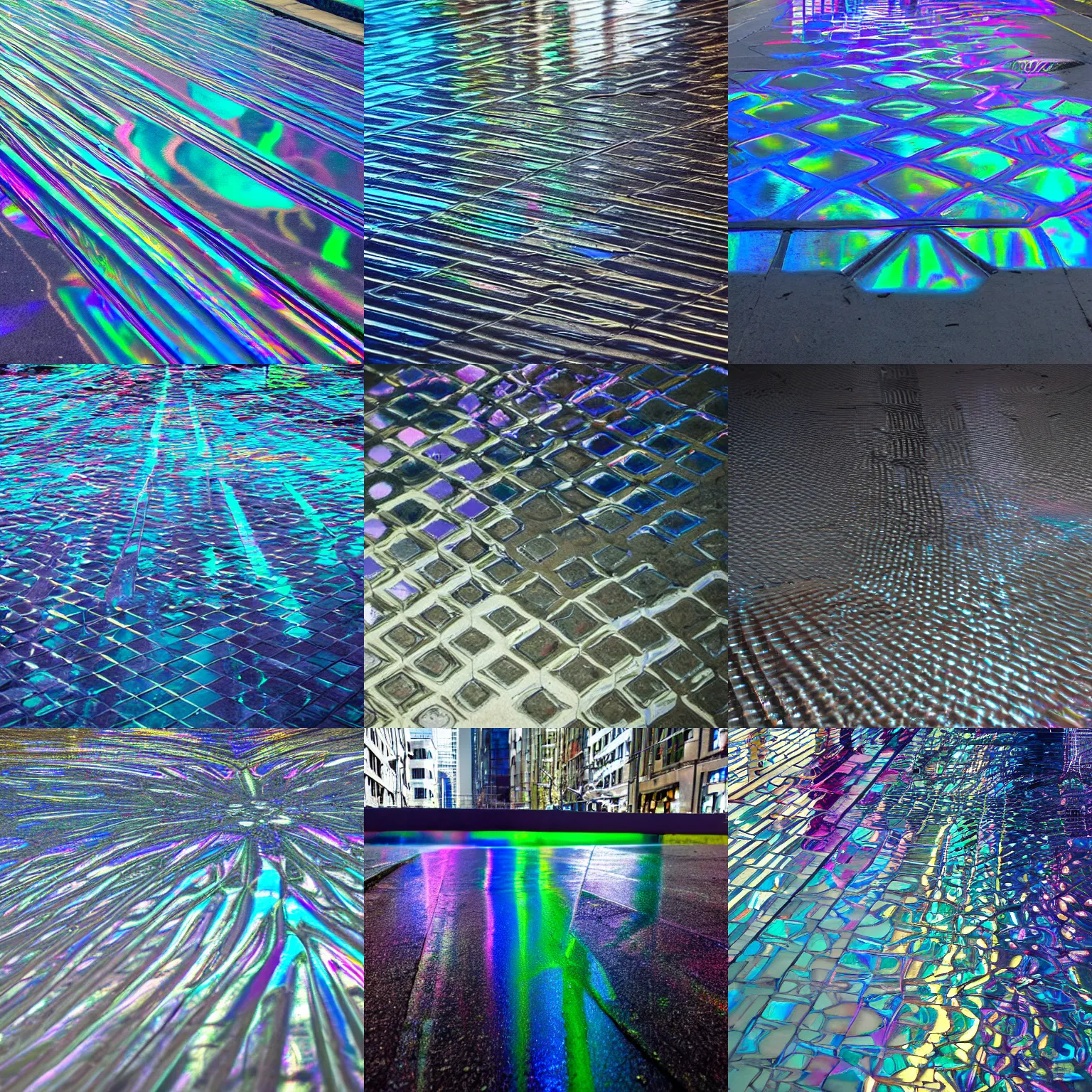 Prompt: iridescent reflections on the ground in a future city