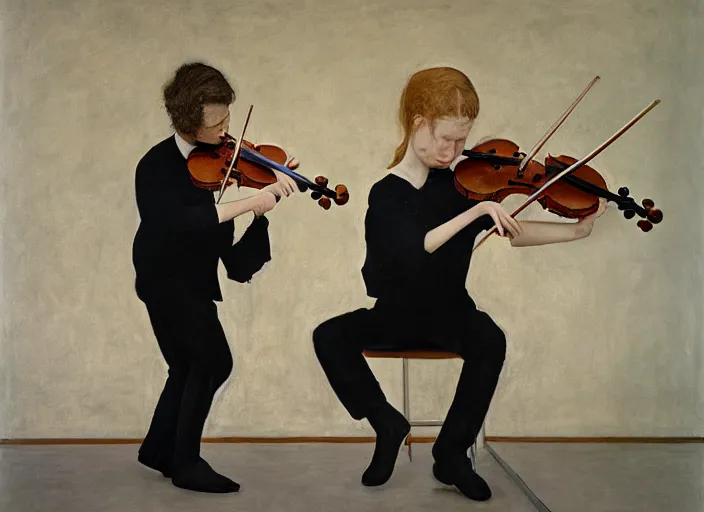 Image similar to portrait of two young violin players getting ready to perform looking, half figure front, francis bacon and pat steir and hilma af klint and james jean, psychological, photorealistic, intriguing details, rendered in octane, altermodern