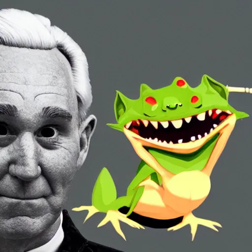 Image similar to an illustration of roger stone as a gremlin