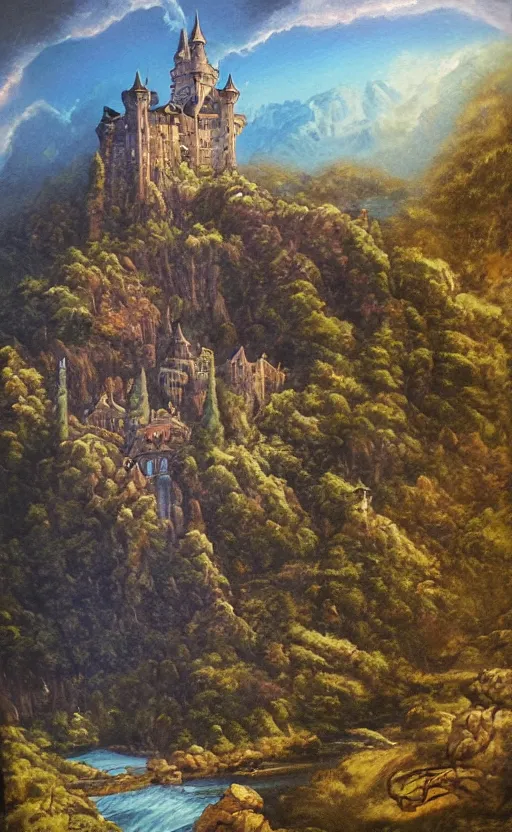 Image similar to A fantasy painting of a castle in a deep valley, lots of detail