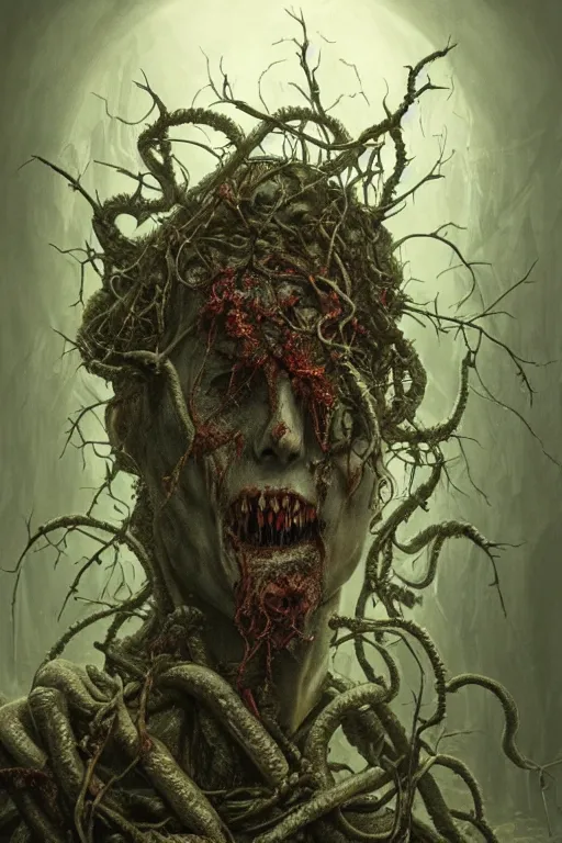 Image similar to realistic portrait beautiful detailed matte painting of cinematic movie scene a rotting zombie, tentacles, thorns, vines, horror, created by gustave dore and greg rutkowski, high detailed, smooth draw, synthwave neon retro, intricate, realistic proportions, dramatic lighting, trending on artstation.