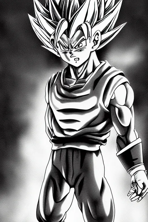 Image similar to prince vegeta, portait, grayscale photography, very detailed, dynamic lighting, akira toriyama