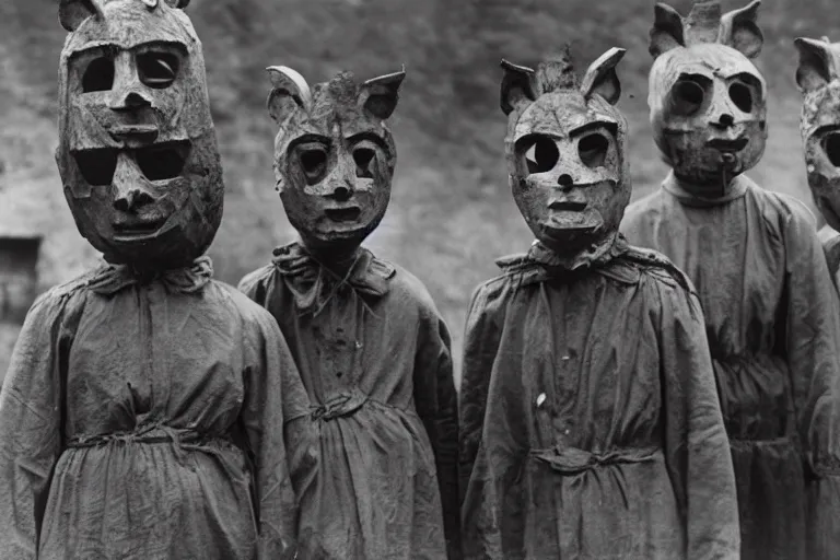 Image similar to vintage photo of villagers wearing weird masks, eerie, bizarre, highly detailed shot, dramatic 8 k uhd