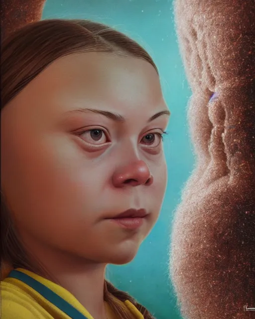 Image similar to closeup face profile portrait of greta thunberg as a soviet space toy, bikini, depth of field, zeiss lens, detailed and intricate environment, fashion photoshoot by nicoletta ceccoli, mark ryden, lostfish, breathtaking, 8 k resolution, artistic, hyperrealistic, octane render