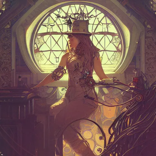 Prompt: Weirdcore Steampunk magician, gorgeous, beautiful, intricate, highly detailed, digital painting, artstation, oppressive lighting, concept art, sharp focus, illustration, art by greg rutkowski and alphonse mucha