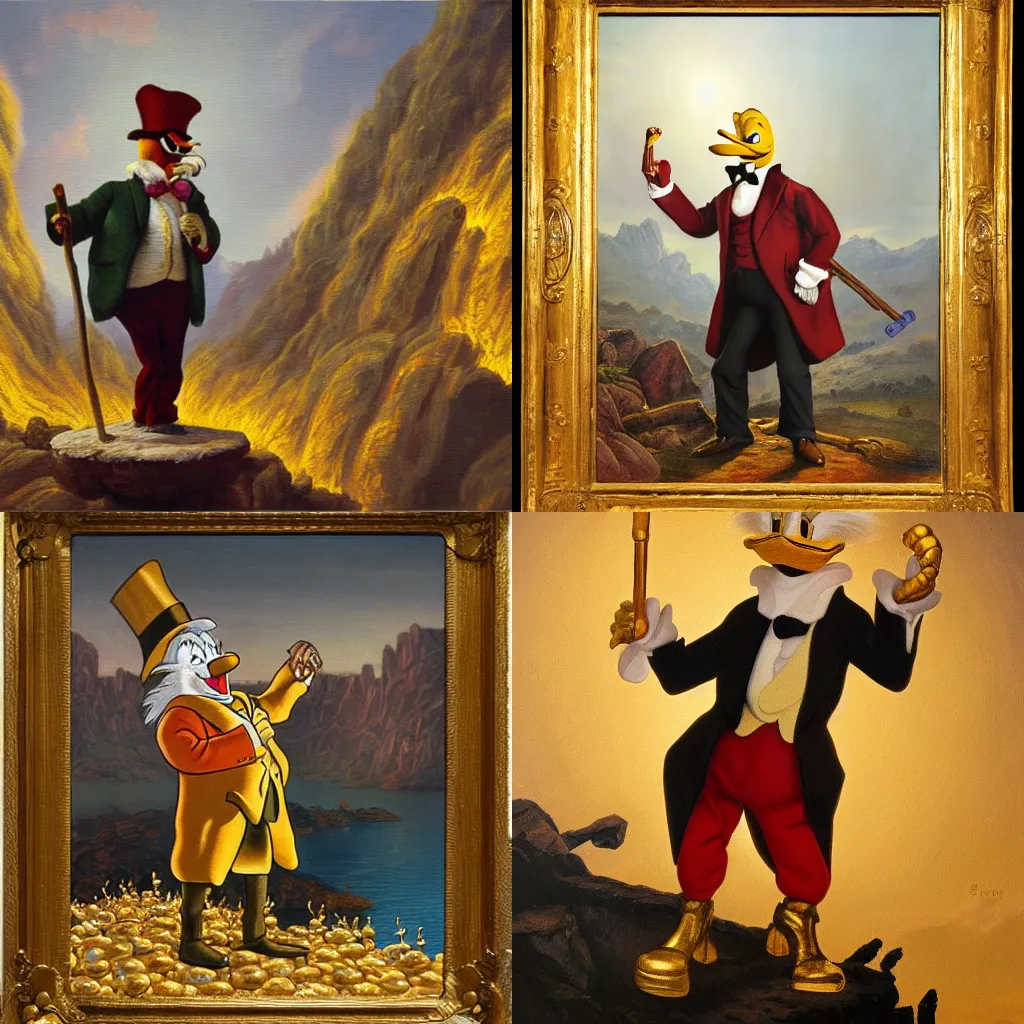 Prompt: Scrooge McDuck standing on a mountain of gold and holding a cane, view from below, oil painting, highly detailed