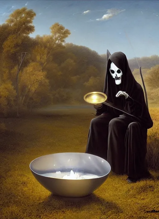 Prompt: a grim reaper chilling in an ashtray, very detailed, perfect composition, perfect lighting, 4 k, jacques - laurent agasse, tim white, artgerm