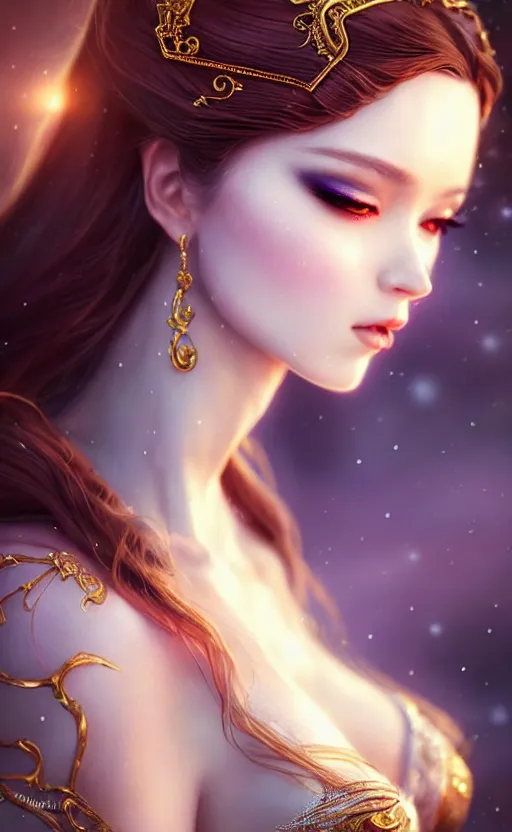 Image similar to a fantasy photo of gorgeous russian female, evening gown, bokeh, medium shot, beautiful face, professionally retouched, soft lighting, realistic, smooth face, perfect eyes, sharp focus, 8 k realistic high definition, insanely detailed, intricate, elegant, art by artgerm and kyoung hwan kim