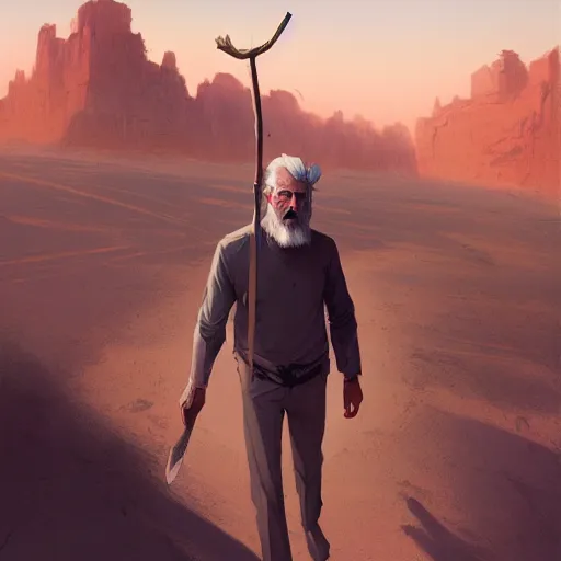 Image similar to commission of a young man with gray hair,a stylish beard,walking through a desert with a glowing stick,digital art,art by greg rutkowski,trevor henderson,rossdraws,character design,concept art,western comic style,sharp lines,photorealiatic,hyperdetailed,detailed face,high quality,professional lighting,dramatic