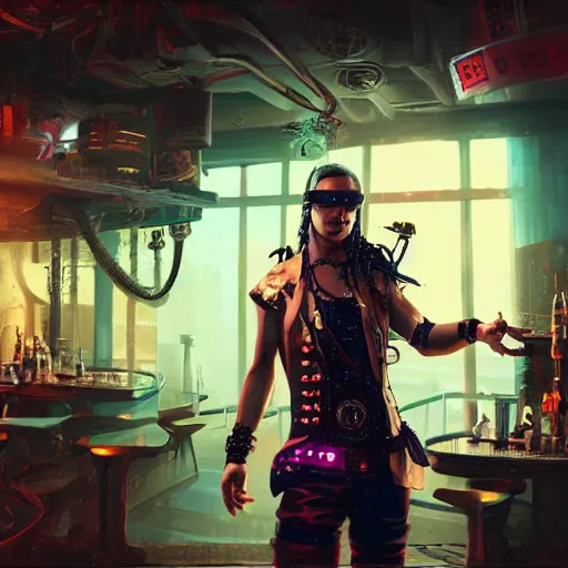 Image similar to high quality portrait of a pirate with four arms in a cyberpunk cyberpunk cyberpunk cafe, realism, 8k, award winning photo