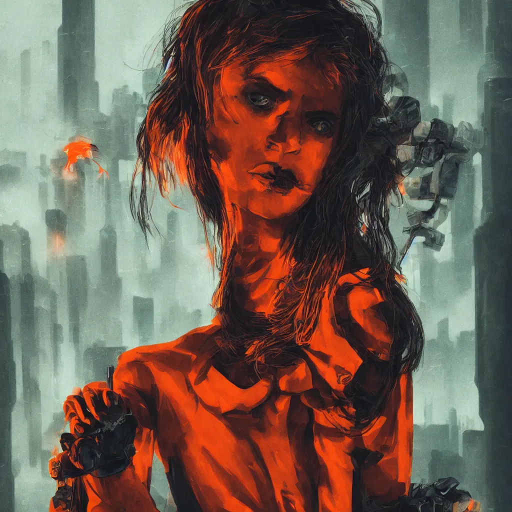 Prompt: portrait of beautiful guard hiding her chest with her arms, dystopian cyberpunk orange smoke detailed