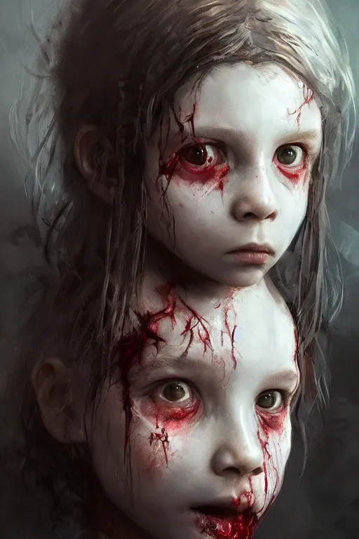 Prompt: A portrait of a zombified young girl child by Greg Rutkowski, Sung Choi, Mitchell Mohrhauser, Maciej Kuciara, Johnson Ting, Maxim Verehin, Peter Konig, Bloodborne, 8k photorealistic, cinematic lighting, HD, high details, dramatic, dark atmosphere, trending on artstation