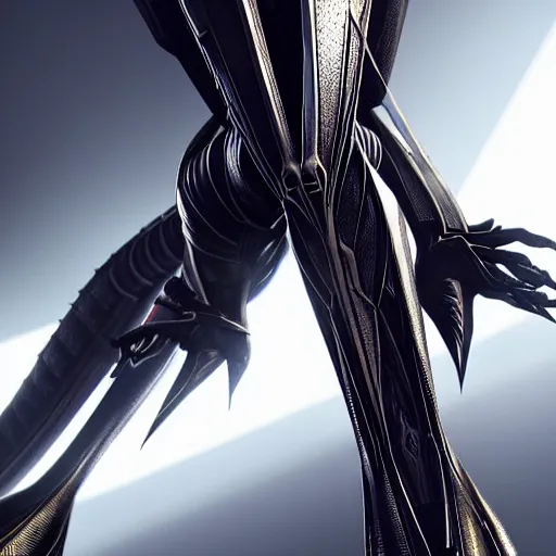 Prompt: worm's eye view from the floor, looking up, at a highly detailed 300 foot tall beautiful majestic stunning female warframe, posing elegantly over you, two massive detailed legs towering over you, matte black armor and silver accents, sleek glowing armor, sharp detailed claws, hip and leg shot, front upward shot, high quality fanart, epic shot, highly detailed art, realistic, professional digital art, high end digital art, captura, furry art, anthro art, DeviantArt, artstation, Furaffinity, 8k HD render, epic lighting