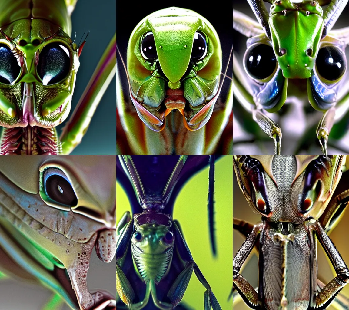 Prompt: alien in the form of a praying mantis, head, closeup, macro, giger, futuristic