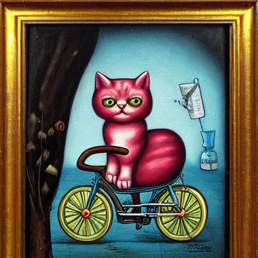 Image similar to cat on a triciycle, lowbrow painting by mark ryden