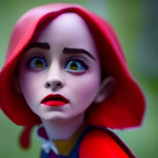 Image similar to a cinematic film still of a claymation stop motion film starring emma watson as little red riding hood, looking at wild wolf, shallow depth of field, 8 0 mm, f 1. 8