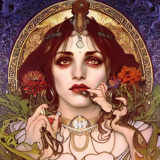 Prompt: realistic detailed face portrait of the Goddess Kali by Alphonse Mucha, Ayami Kojima, Amano, Charlie Bowater, Karol Bak, Greg Hildebrandt, Jean Delville, and Mark Brooks, Art Nouveau, Neo-Gothic, gothic, rich deep moody colors