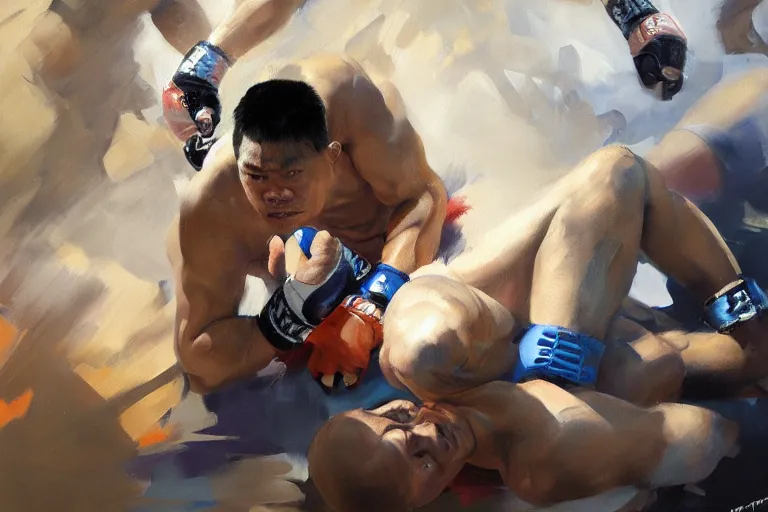 Prompt: greg manchess portrait of a filipino mma fighter defeated on the ground in an arena battle, organic painting, sunny day, matte painting, bold shapes, hard edges, street art, trending on artstation, by huang guangjian, gil elvgren, ruan jia, randy vargas, greg rutkowski