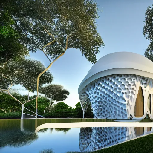 Image similar to evolving fractal, flowing white architectural Villa, futuristic 3D, voronoi pattern pavilion with magnolias on the roof, perforated shaders, sunrays through the pavilion structure, lush botanical trees, prairie landscaping, sunrise, golden hour, illuminated pool, fluffy clouds