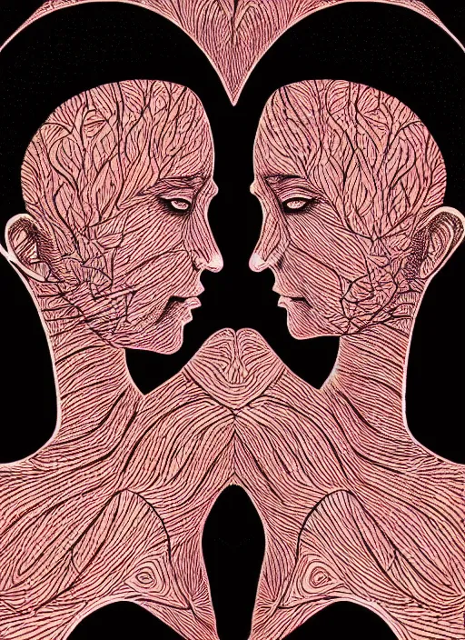 Image similar to 1 px color ink art by junji ito, perfectly centered symmetrical balanced male and female portrait of man and woman in love sharing one heart. high coherence ; fractal geometrical 8 k ultra hd