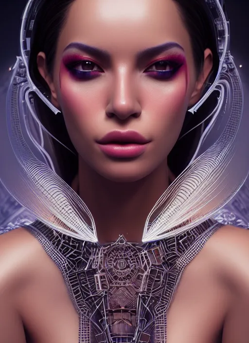 Prompt: portrait of latina model, intricate, technology, sharp focus, octane render, realistic, detailed, beautiful, unreal engine, symmetrical!!, maybelline, sephora, loreal, artstation, art by artgerm, rossdraws, art by karol bak, makeup by pat mcgrath, cinematic, concept art, filmic, vsco