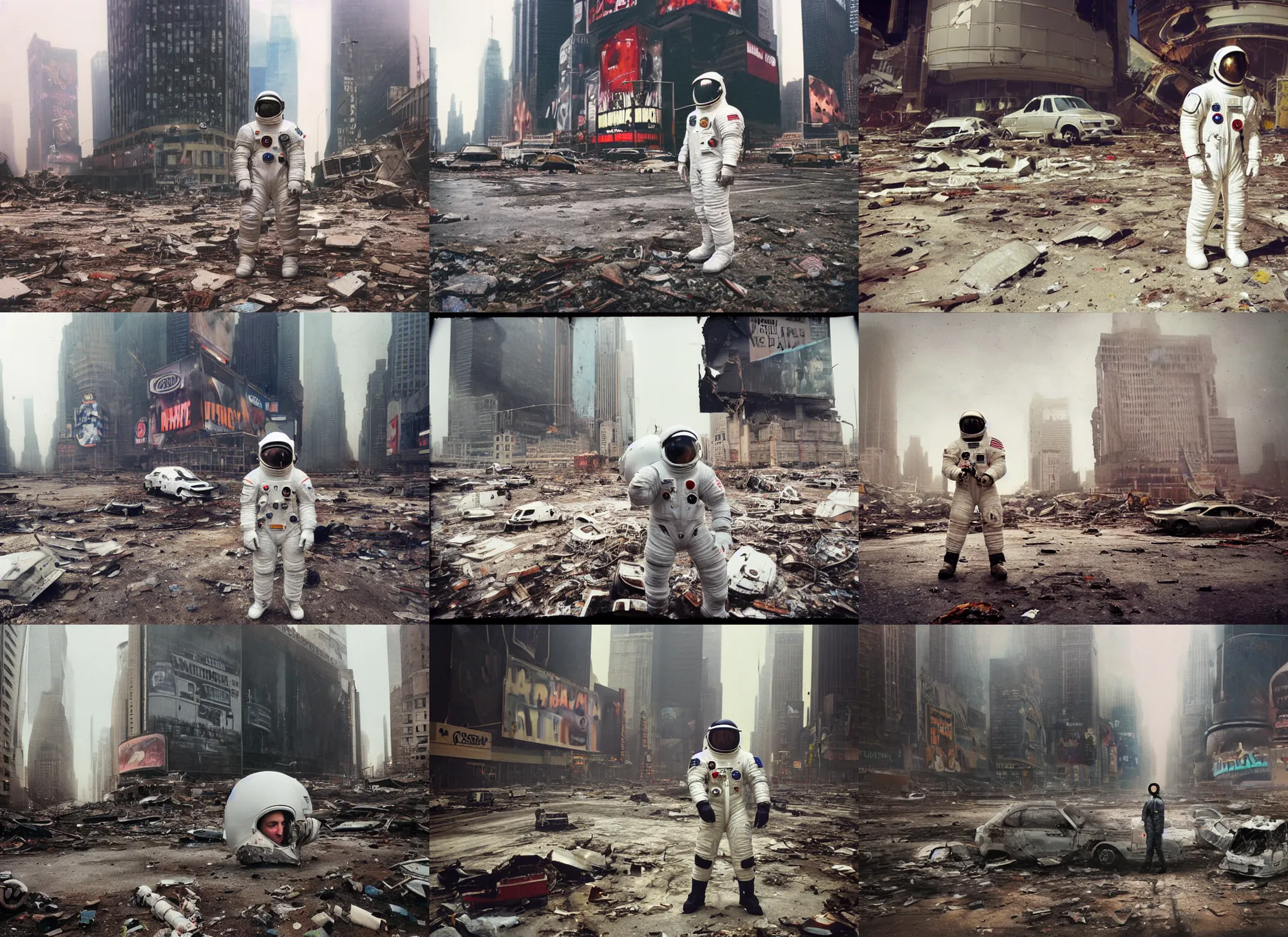 Prompt: american white spacesuit astronaut with oversized helmet in postapocalyptic abandoned destroyed times square, wrecked buildings, destroyed flipped wrecked cars, giant crater in distance, polaroid photo, vintage, neutral colors, rainy day, by gregory crewdson