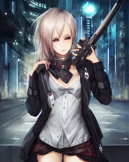 Prompt: The successful warrior is the average man, with laser-like focus, artwork by artgerm, anime, cyberpunk streets in Japan, holding a glock, elegant, seductive, long white hair, knee high socks, extra short blue plaid skirt, white blouse, full shot, wide-shot, long-shot, fantasy, mystical, magical