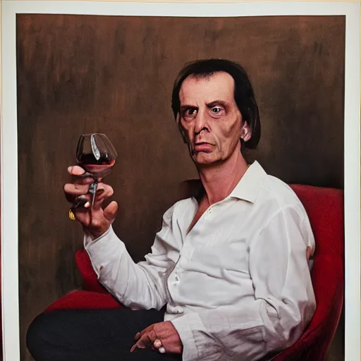 Image similar to dukat drinking wine, portrait by annie leibovitz,