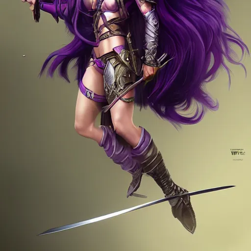 Prompt: beautiful female warrior with long purple hair and sword leaping through the air, highly detailed, trending on artstation, stylized, by WLOP