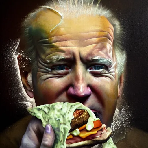 Prompt: surreal portrait of Joe Biden emerging from deep shadows eating hamburger, face partially melting LSD effect, xtra onions and ketchup, luscious patty with sesame seeds, figure in the darkness of renaissance, serving big macs, Francisco Goya, painted by John Singer Sargant, Adrian Ghenie, style of Francis Bacon, highly detailed, 8k, trending on artstation