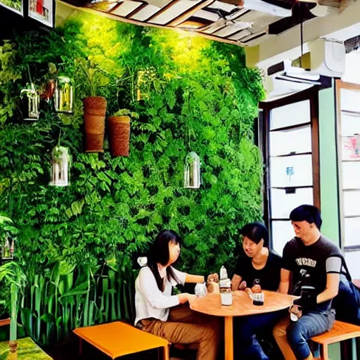 Prompt: a cafe in Vietnam, many green plants on walls and on tables, good atmosphere, relaxing, calming place, good design, people sitting down enjoying drinks