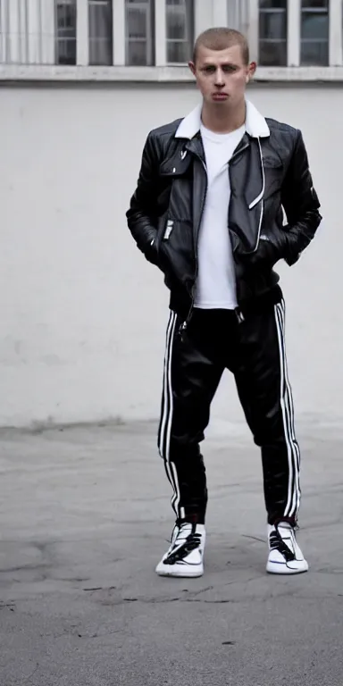 Image similar to russian gopnik in a black leather jacket, and white Adidas pants. extreme long shot. midday