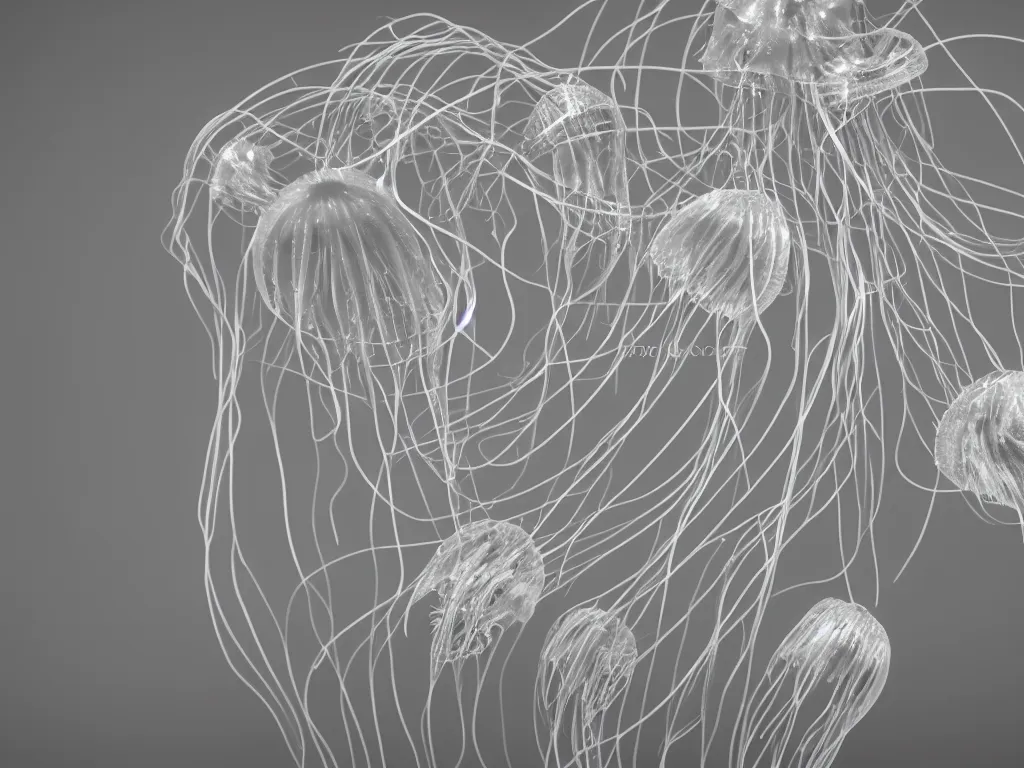 Prompt: hamburger mix jellyfish, cg, 8 k, surrealistic, sharp focus, super resolution, silver color, side view a group of robot mechanical sense halitrephes maasai jellyfish growing form tree branch, c 4 d, 8 k cleaning future, highly quality penetrating feeling bright light, cg, cyberpunk, symmetric, style by andy warhol