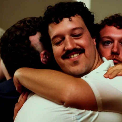 Prompt: photo Pablo Escobar hugging mark zuckerberg