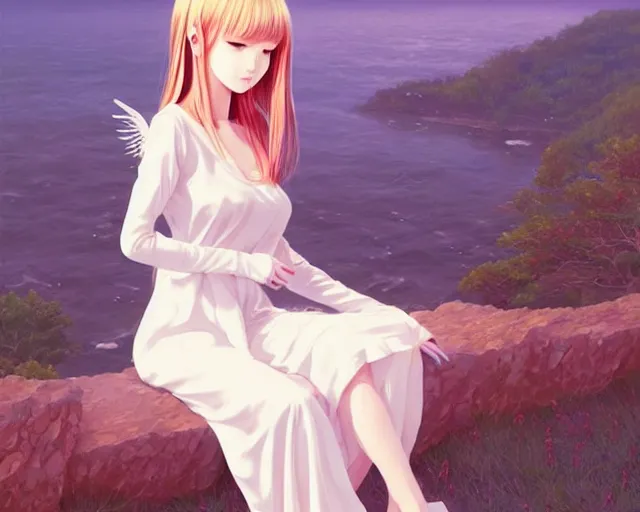 Image similar to infinitely detailed full - body portrait pale female peaceful dream angel wearing elegant clothes. beautiful! scenery art! by wlop & murata range, by ilya kuvshinov. artstation!! / pixiv!!