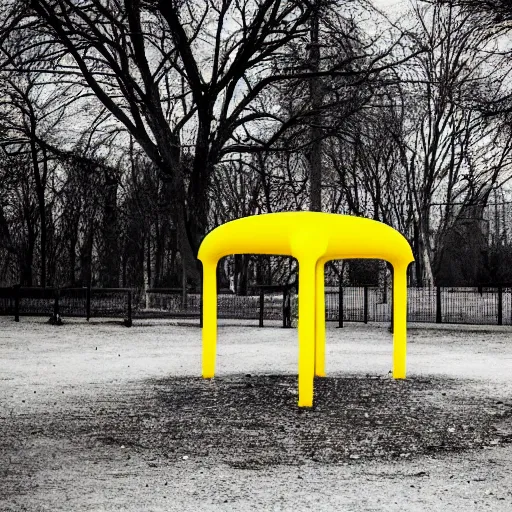 Image similar to an old abandoned children's playground, in a dismal city park, in a town filled with pale yellow mist. Dystopian. Award-winning photo. Sigma 40mm f/1.4 DG HSM