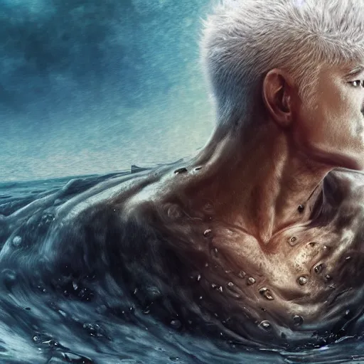 Image similar to photoshop photo edited by expert painting photorealistic shockingly amazing portrait of guts from berserk submerged in water ,extremely detailed, made by wlop and maxwell boas