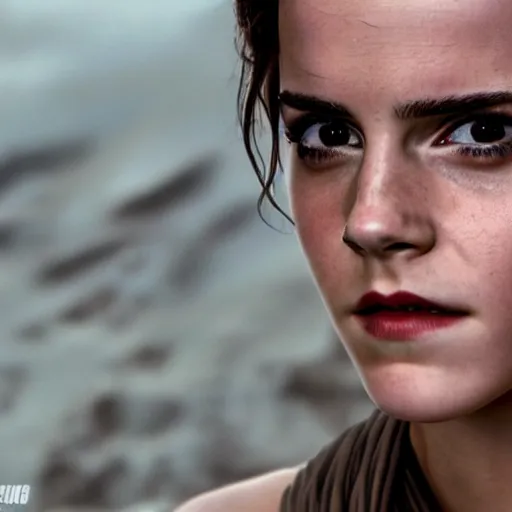 Image similar to Emma Watson modeling as Rey in Star Wars, (EOS 5DS R, ISO100, f/8, 1/125, 84mm, postprocessed, crisp face, facial features, principles of design)