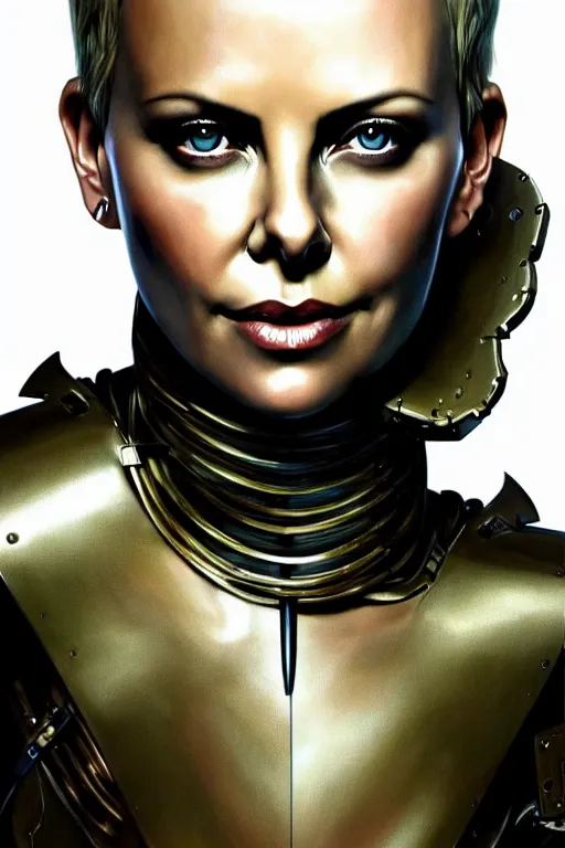 Prompt: a photorealistic painting of Charlize Theron, partially clothed in metal-plated battle armor, olive skin, long dark hair, beautiful bone structure, symmetrical face, perfect eyes, intricate, elegant, digital painting, concept art, illustration, sharp focus, minimal artifacts, from Metal Gear, in the style of Ruan Jia and Mandy Jurgens and Greg Rutkowski, trending on Artstation, award winning